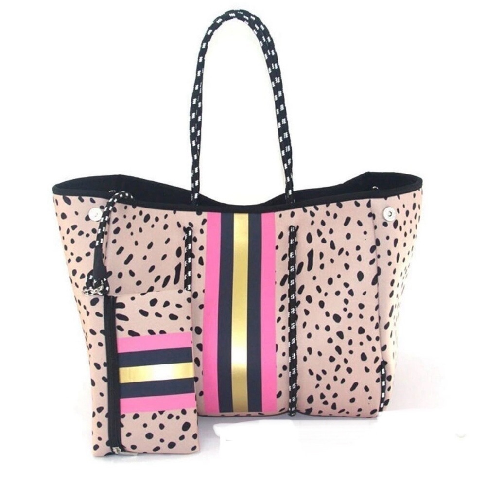 Large Neoprene Tote Bag and Wristlet Spring Fawn Blush Dots Pink Navy Stripes - Picture 2 of 15